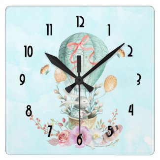 Whimsical Bunny Riding in a Hot Air Balloon Large Clock