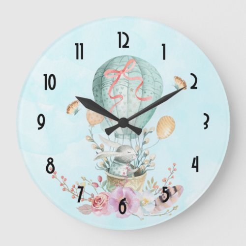 Whimsical Bunny Riding in a Hot Air Balloon Large Clock