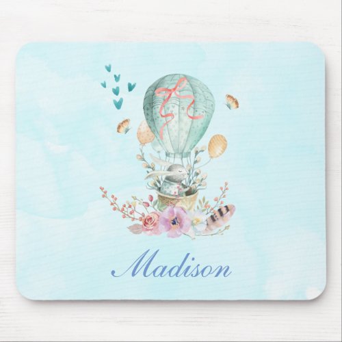 Whimsical Bunny Riding in a Hot Air Balloon Mouse Pad