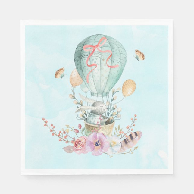 Whimsical Bunny Riding in a Hot Air Balloon Napkins (Front)