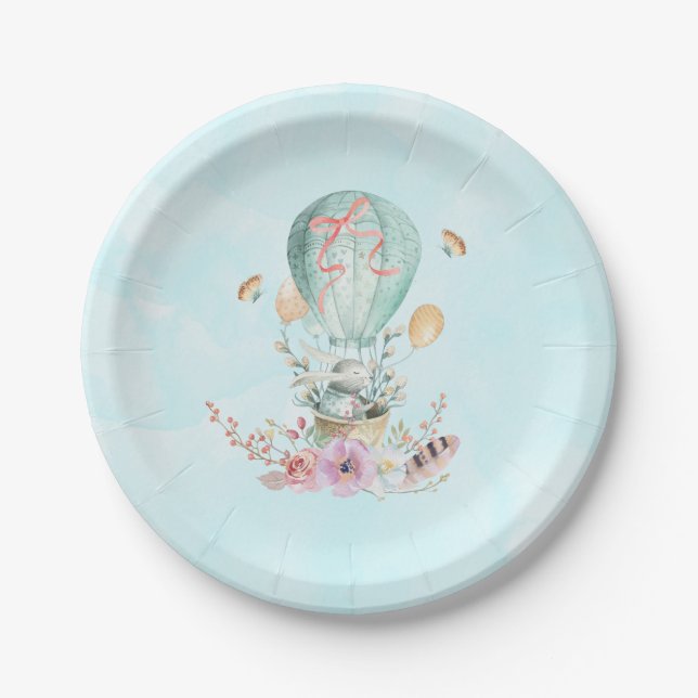 Whimsical Bunny Riding in a Hot Air Balloon Paper Plates (Front)