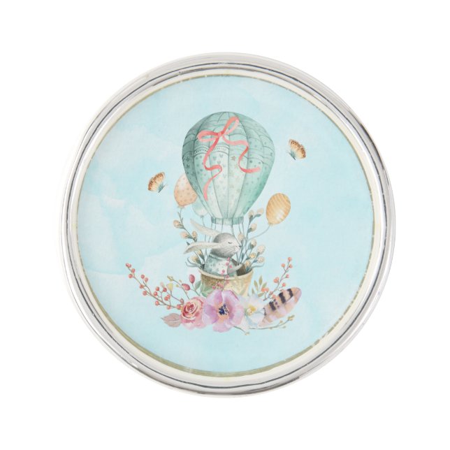 Whimsical Bunny Riding in a Hot Air Balloon Pin (Front)