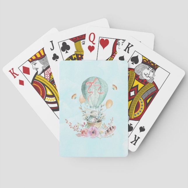 Whimsical Bunny Riding in a Hot Air Balloon Poker Cards (Back)