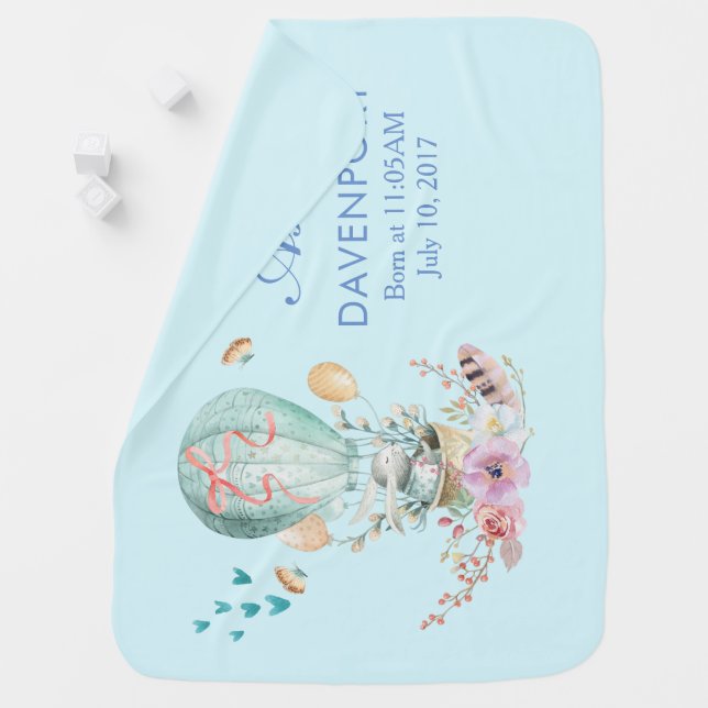 Whimsical Bunny Riding in a Hot Air Balloon Receiving Blanket (In Situ)