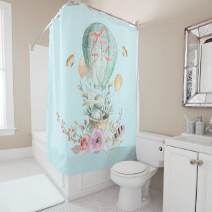 Whimsical Bunny Riding in a Hot Air Balloon Shower Curtain