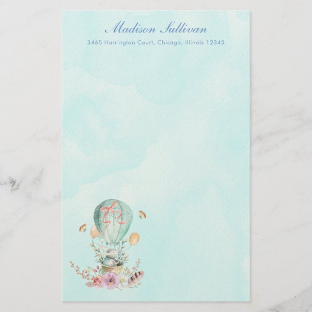 Whimsical Bunny Riding in a Hot Air Balloon Stationery (Front)