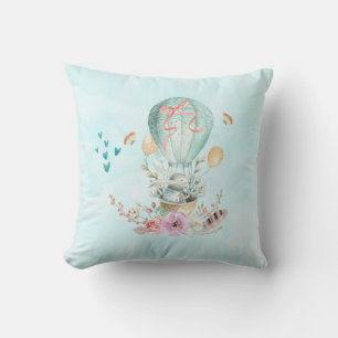 Whimsical Bunny Riding in a Hot Air Balloon Throw Pillow