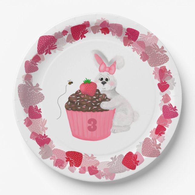 Whimsical Bunny & Strawberry Cupcake Birthday Paper Plates (Front)
