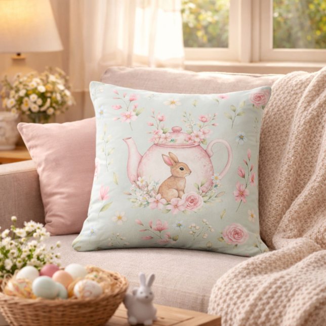 Whimsical Bunny Teapot Floral Easter Throw Pillow (Creator Uploaded)
