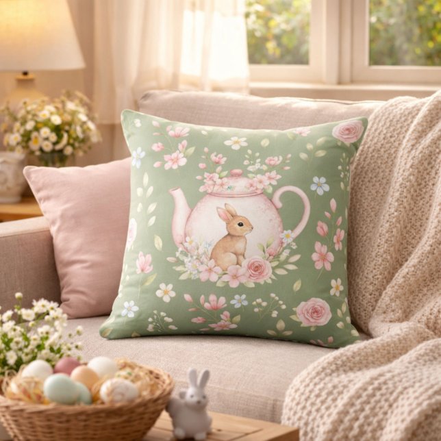 Whimsical Bunny Teapot Floral Easter Throw Pillow (Creator Uploaded)