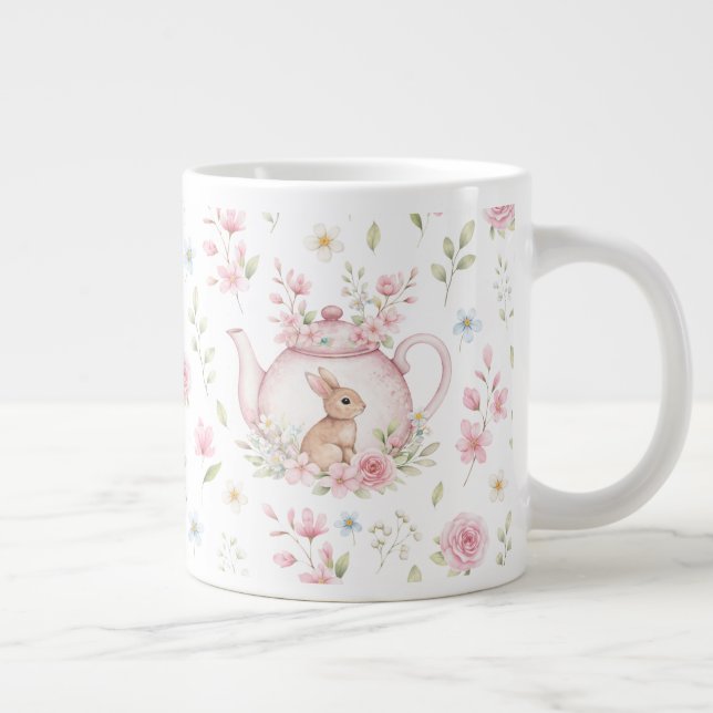 Whimsical Bunny Teapot Floral Spring  Giant Coffee Mug (Right)