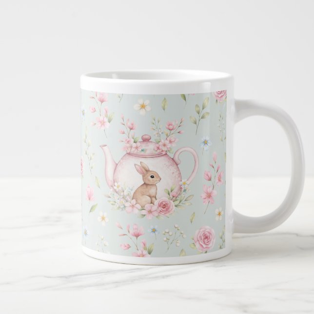 Whimsical Bunny Teapot Floral Spring  Giant Coffee Mug (Right)