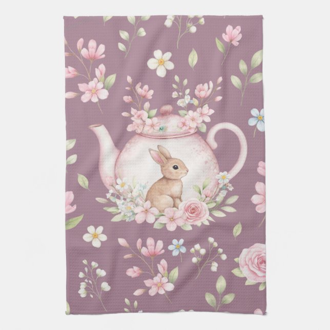 Whimsical Bunny Teapot Floral Spring  Kitchen Towel (Vertical)