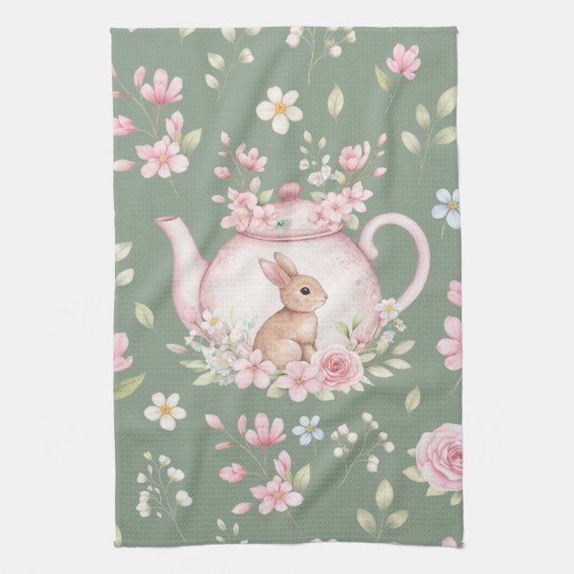 Whimsical Bunny Teapot Floral Spring  Kitchen Towel (Vertical)