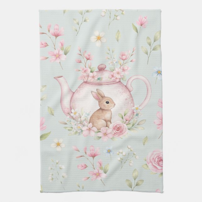 Whimsical Bunny Teapot Floral Spring  Kitchen Towel (Vertical)