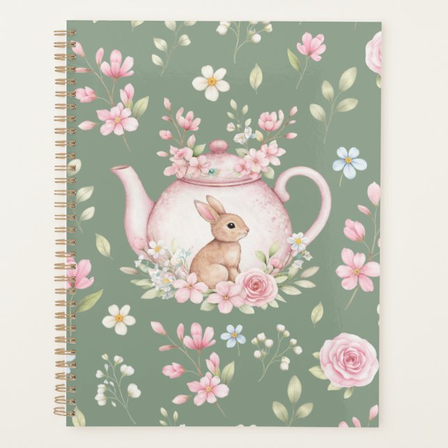 Whimsical Bunny Teapot Floral Spring Notebook (Front)