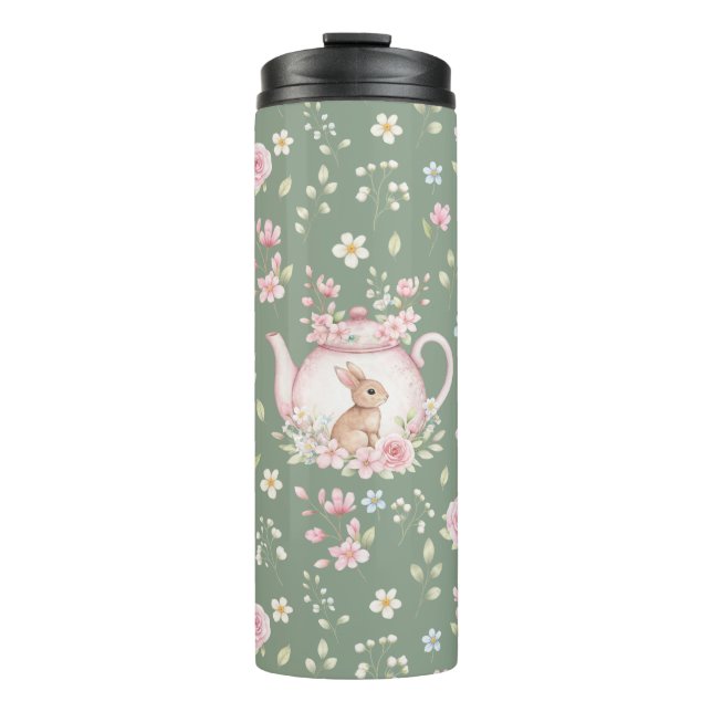 Whimsical Bunny Teapot Floral Spring  Thermal Tumbler (Front)