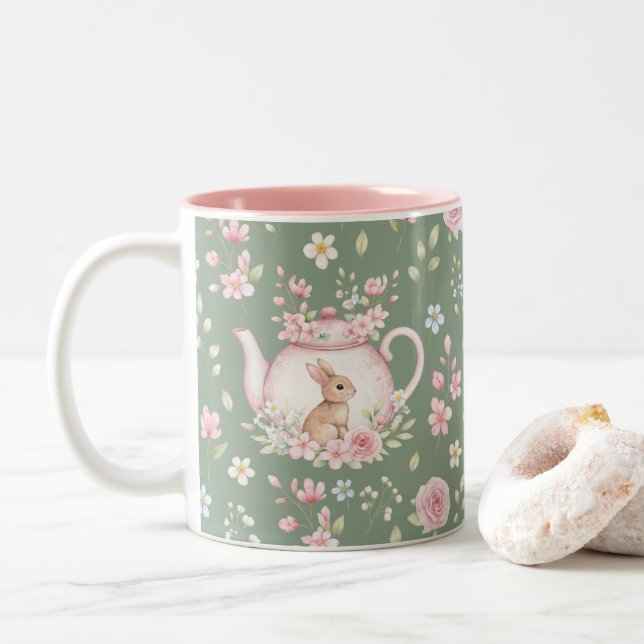 Whimsical Bunny Teapot Floral Spring  Two-Tone Coffee Mug (With Donut)