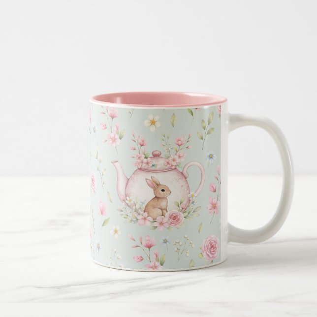 Whimsical Bunny Teapot Floral Spring  Two-Tone Coffee Mug (Right)