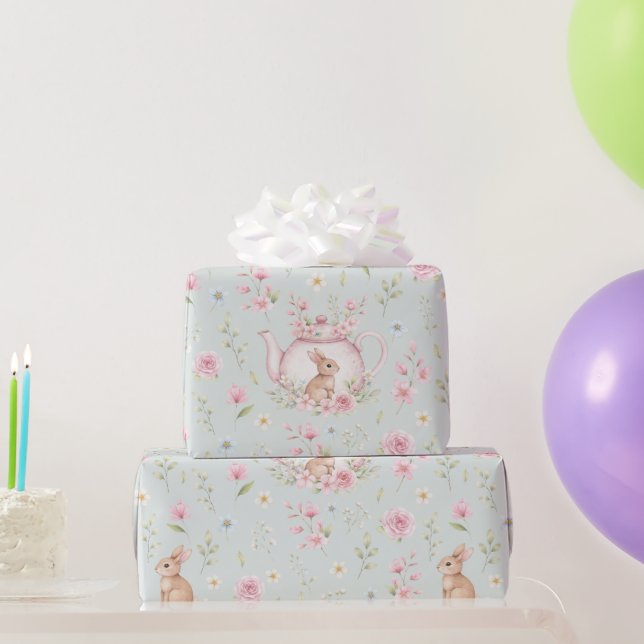 Whimsical Bunny Teapot Floral  Wrapping Paper (Party Gifts)