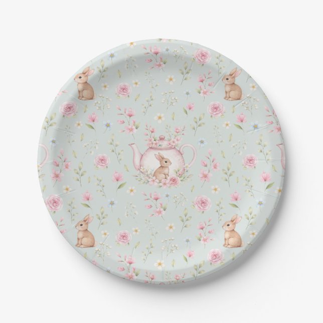 Whimsical Bunny Teapot Spring Floral Pattern Paper Plates (Front)