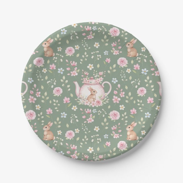 Whimsical Bunny Teapot Spring Floral Pattern Paper Plates (Front)