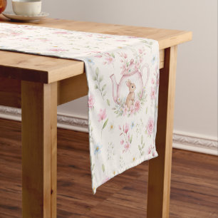 Whimsical Bunny Teapot Spring Floral Pattern Short Table Runner