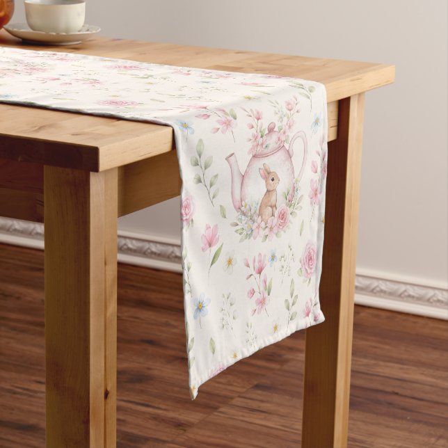 Whimsical Bunny Teapot Spring Floral Pattern Short Table Runner (In Situ)