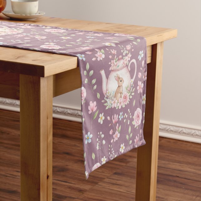 Whimsical Bunny Teapot Spring Floral Pattern Short Table Runner (In Situ)