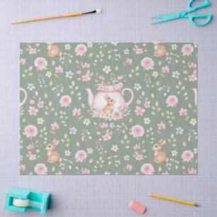 Whimsical Bunny Teapot Spring Floral Pattern Tissue Paper