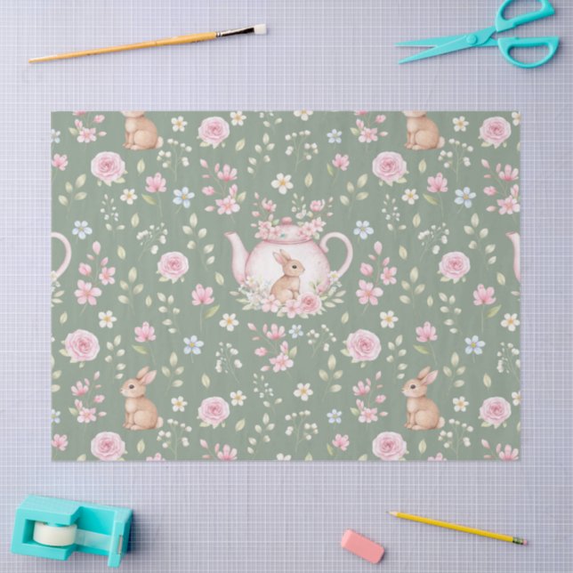 Whimsical Bunny Teapot Spring Floral Pattern Tissue Paper (Craft)