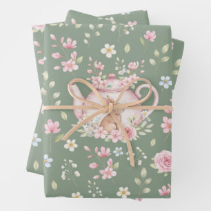 Whimsical Bunny Teapot Spring Floral Pattern Wrapping Paper Sheets