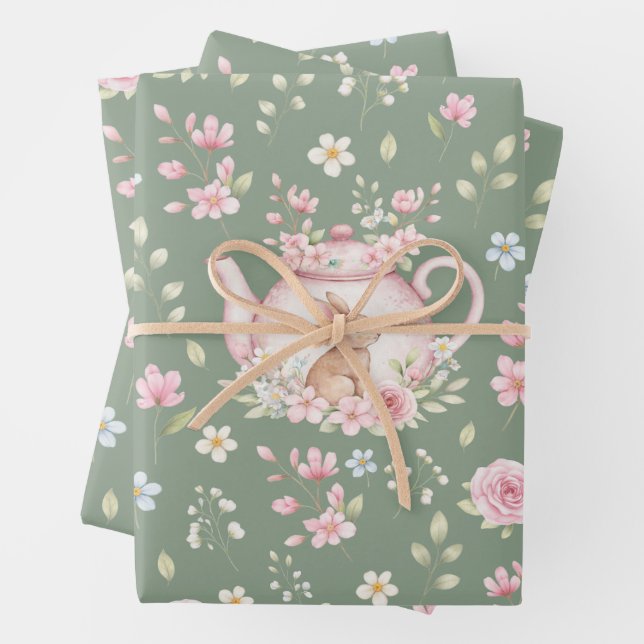 Whimsical Bunny Teapot Spring Floral Pattern Wrapping Paper Sheets (In situ)
