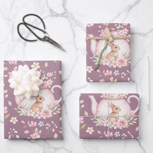 Whimsical Bunny Teapot Spring Floral Pattern Wrapping Paper Sheets (Front)