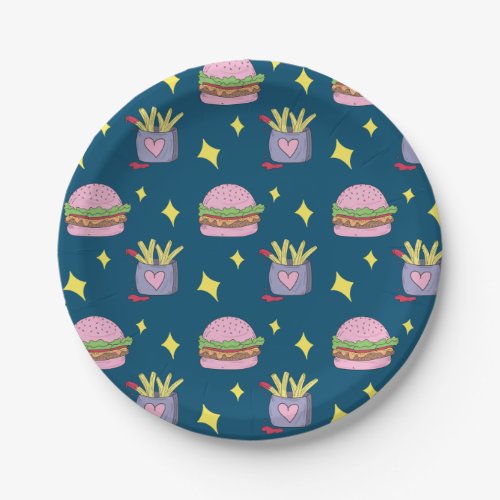 Whimsical Burger and Fries Fast Food Pattern  Paper Plates