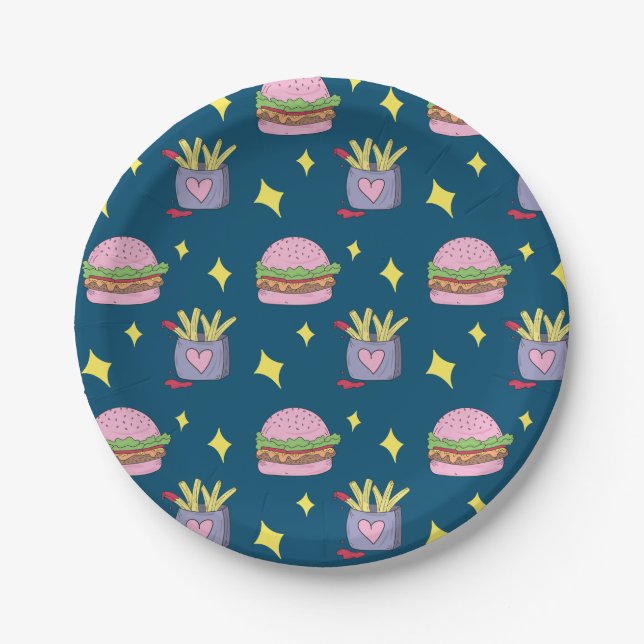 Whimsical Burger and Fries Fast Food Pattern  Paper Plates (Front)