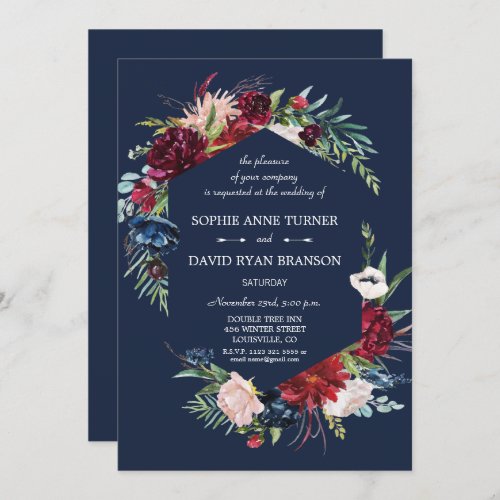 Whimsical Burgundy Blush Flowers Navy Blue Wedding Invitation