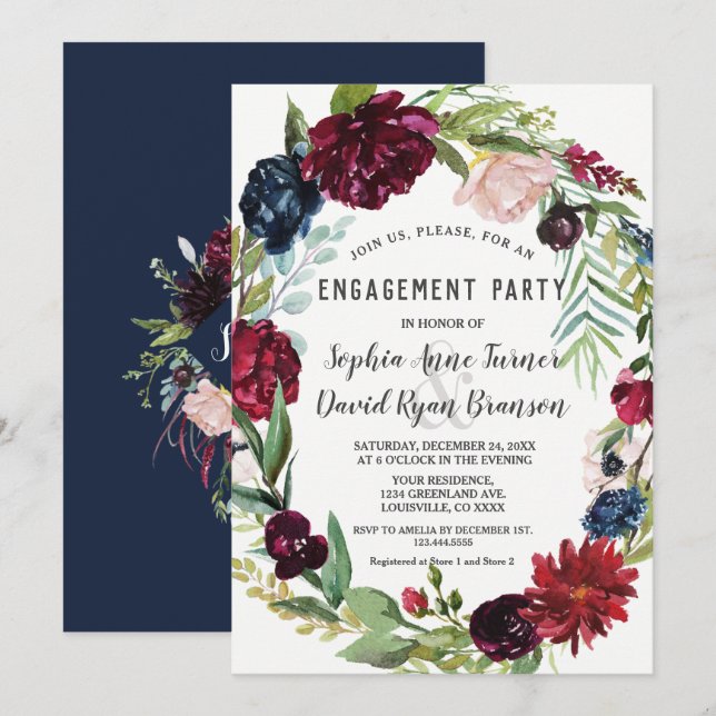 Whimsical Burgundy Blush Flowers Navy Blue Wedding Invitation (Front/Back)