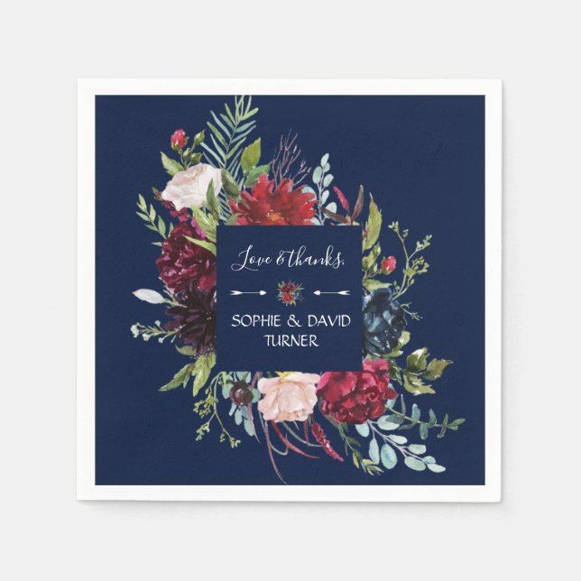 Whimsical Burgundy Blush Flowers Navy Blue Wedding Napkins (Front)