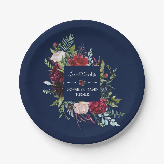 Whimsical Burgundy Blush Flowers Navy Blue Wedding Paper Plates | Zazzle