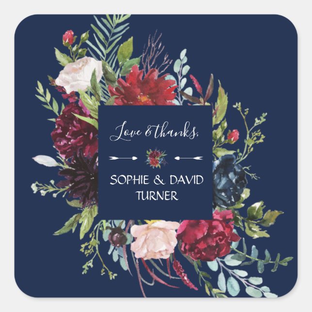 Whimsical Burgundy Blush Flowers Navy Blue Wedding Square Sticker (Front)