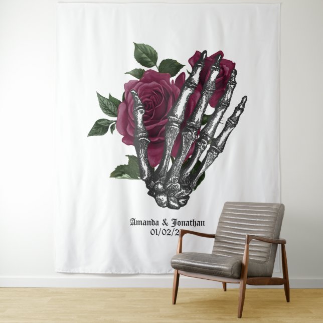 Whimsical Burgundy Floral Skeleton Gothic Wedding Tapestry (In Situ)