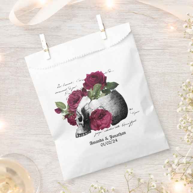 Whimsical Burgundy Floral Skull Gothic Wedding Favor Bag (Clipped)