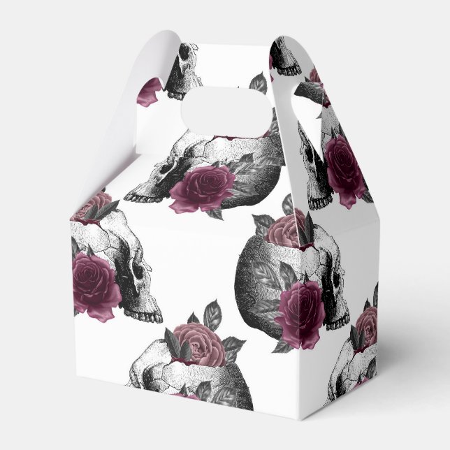 Whimsical Burgundy Floral Skulls Gothic Wedding Favor Boxes (Front Side)