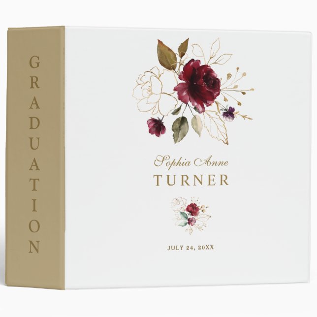 Whimsical Burgundy Gold Floral Graduation Album 3 Ring Binder (Front/Spine)