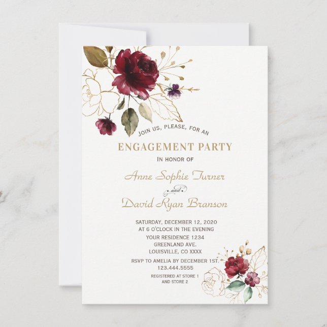 Whimsical Burgundy Gold Floral Monogram Engagement Invitation (Front)