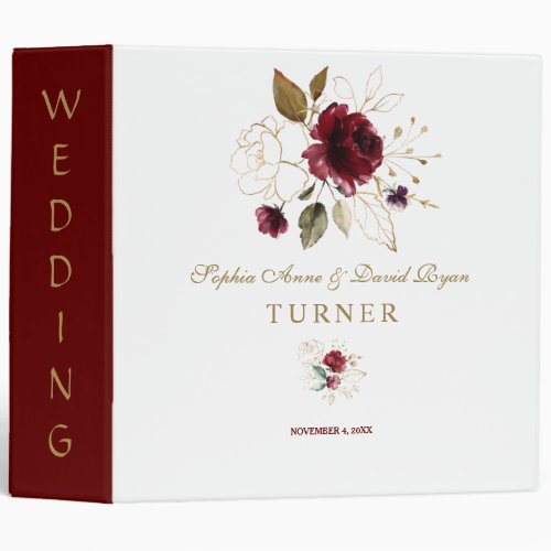 Whimsical Burgundy Gold Floral Wedding Album 3 Ring Binder