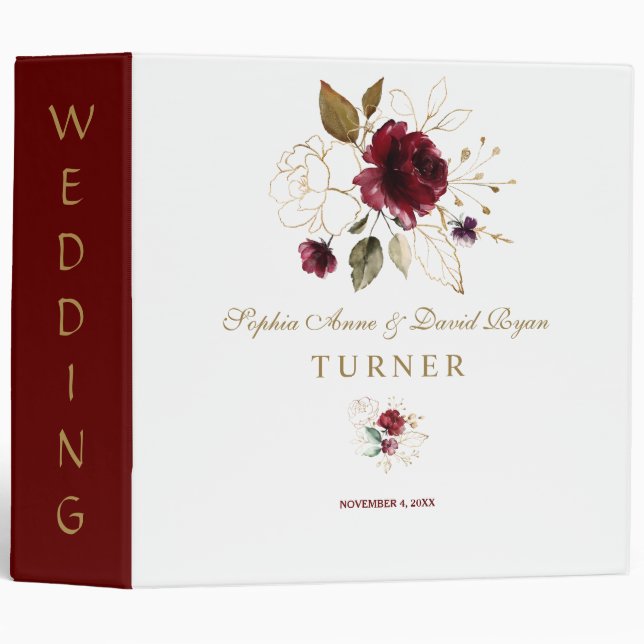 Whimsical Burgundy Gold Floral Wedding Album 3 Ring Binder (Front/Spine)
