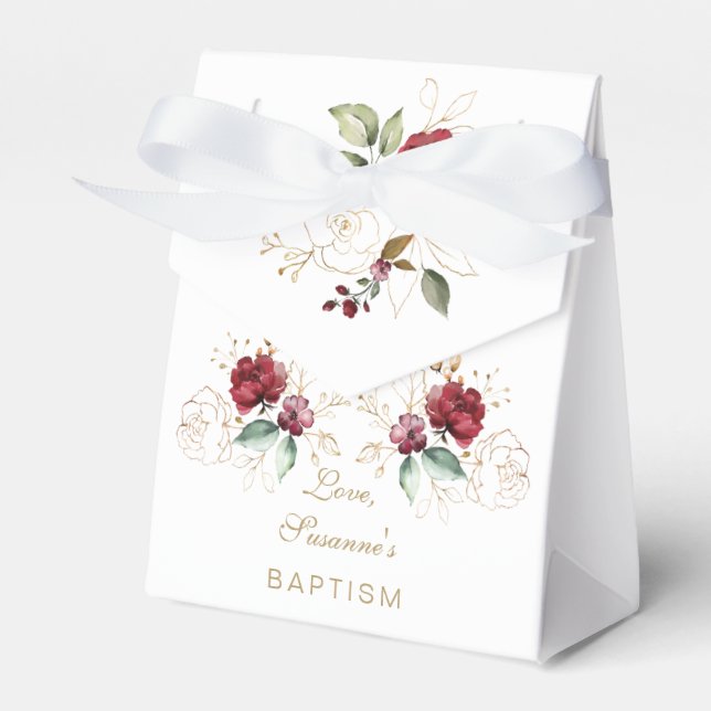 Whimsical Burgundy Gold Flowers Monogram Baptism Favor Boxes (Front Side)