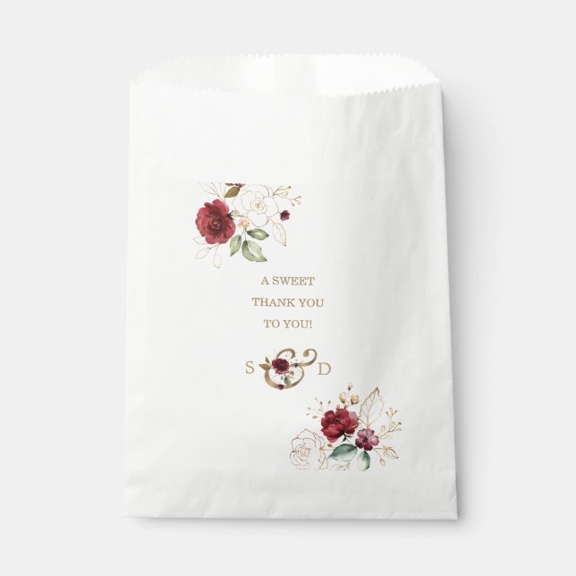Whimsical Burgundy Gold Flowers Monogram Wedding Favor Bag (Front)